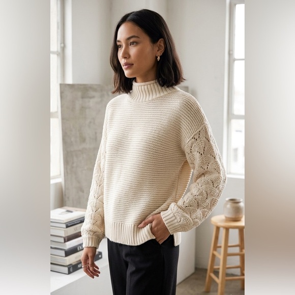 Universal Thread Sweaters - Universal Thread Cream Mock Neck Sweater with Pointelle Balloon Sleeves, Size XS